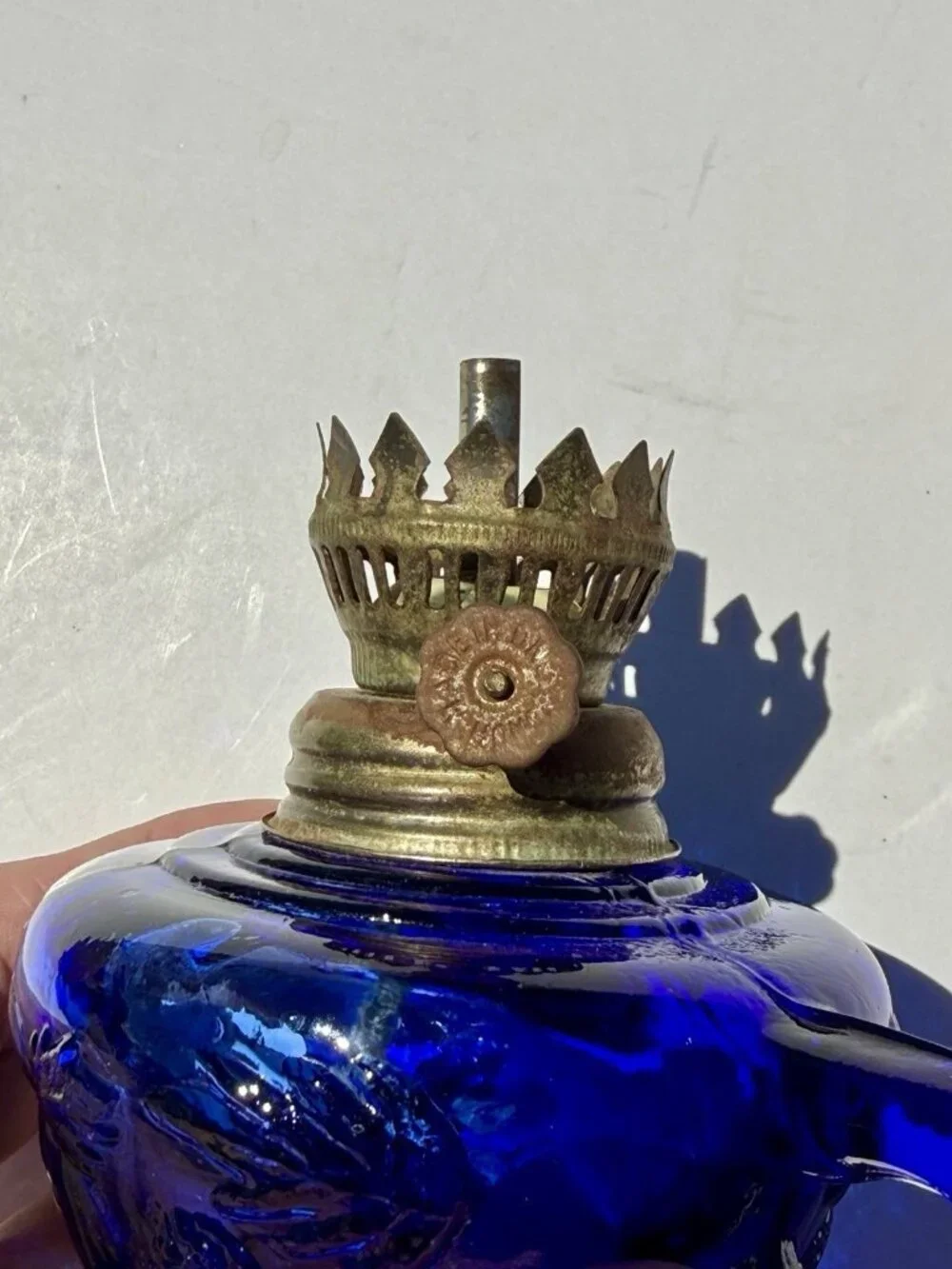 Vintage Cobalt Blue Glass Finger Oil Lamp Fruit Base & Ruffled Chimney Hong Kong